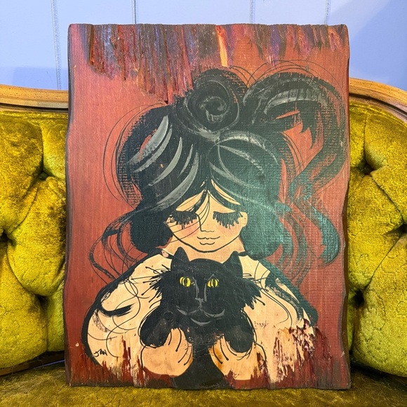 Vintage 60s/70s Jan McPherson Original Goth Girl Painting on Wood - Picture 2 of 9